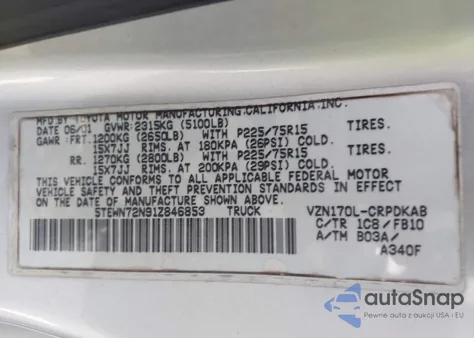 2001 Toyota Tacoma Base V6 z USA, uszkodzony, nr VIN 5TEWN72N91Z846853